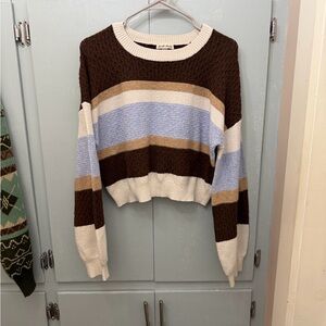Derek Heart Cropped Striped Crew Sweater - Brown, Cream & Light Blue